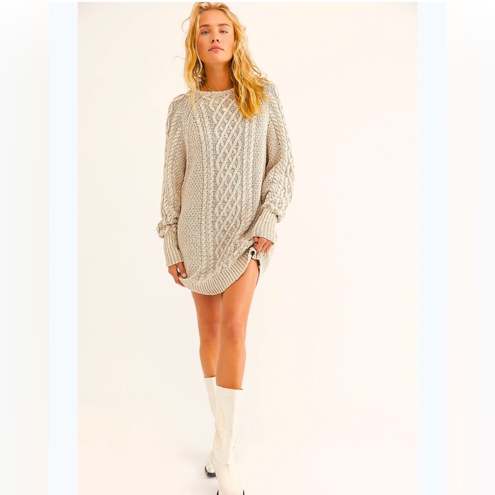 Free People - Beige - Cable Knit Mini Sweater Dress - On A Boat - Size: Medium